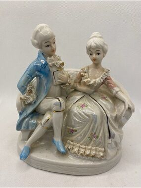Porcelain Victorian Couple Figurine in Pastel Blue and Cream